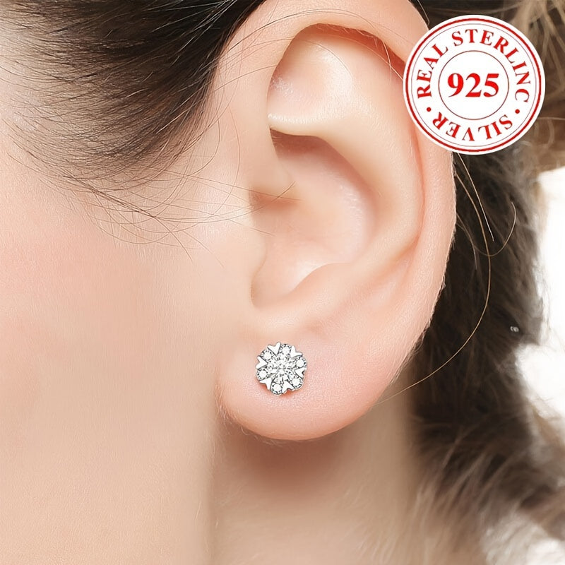 925 Sterling Silver Sparkling Stud Earrings with Flower Design, Hypoallergenic Zirconia Inlay- Delicate Christmas Gift for Women