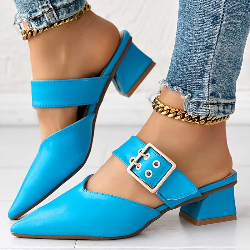 Women's elegant solid color Mary Jane shoes with buckle detail, slip-on design, and block heel.