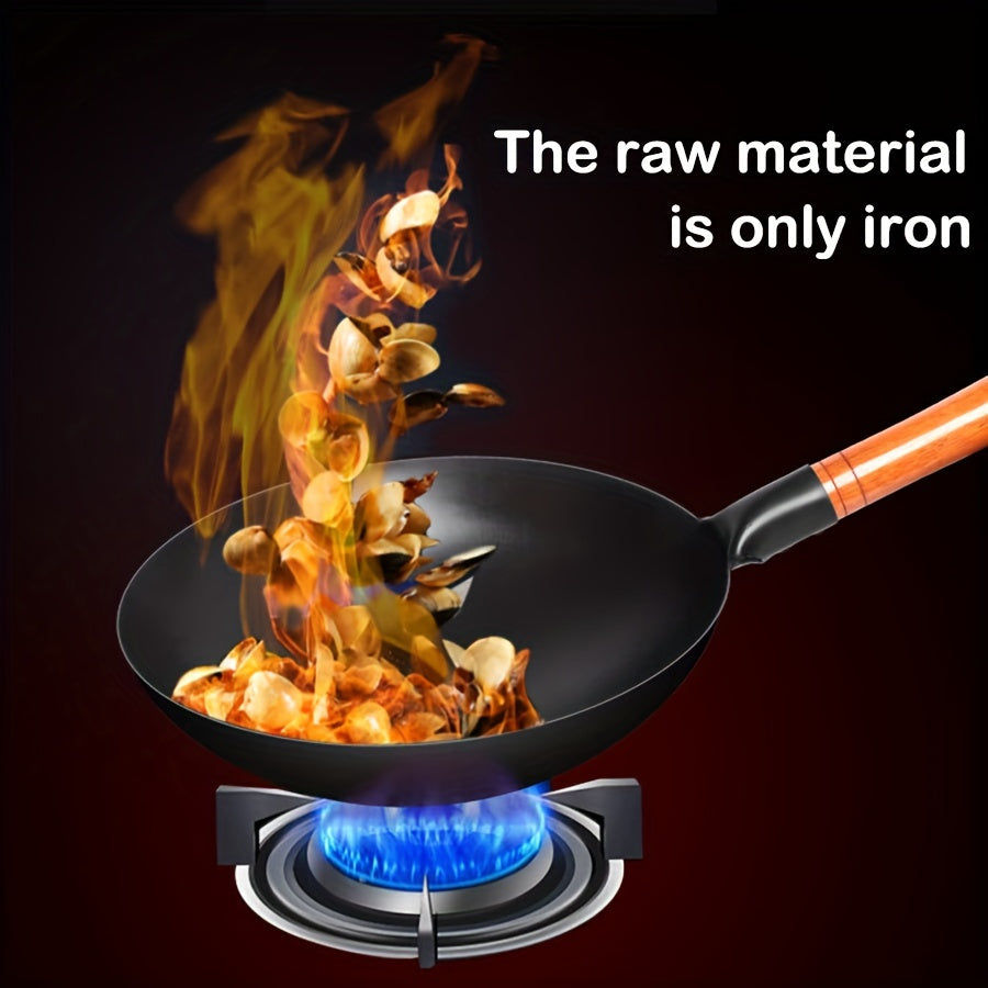 One Piece of Traditional Chinese Cast Iron Wok with Uncoated Non-Stick Surface, Wooden Handle, Hand Wash Only, for Use on Gas Stoves