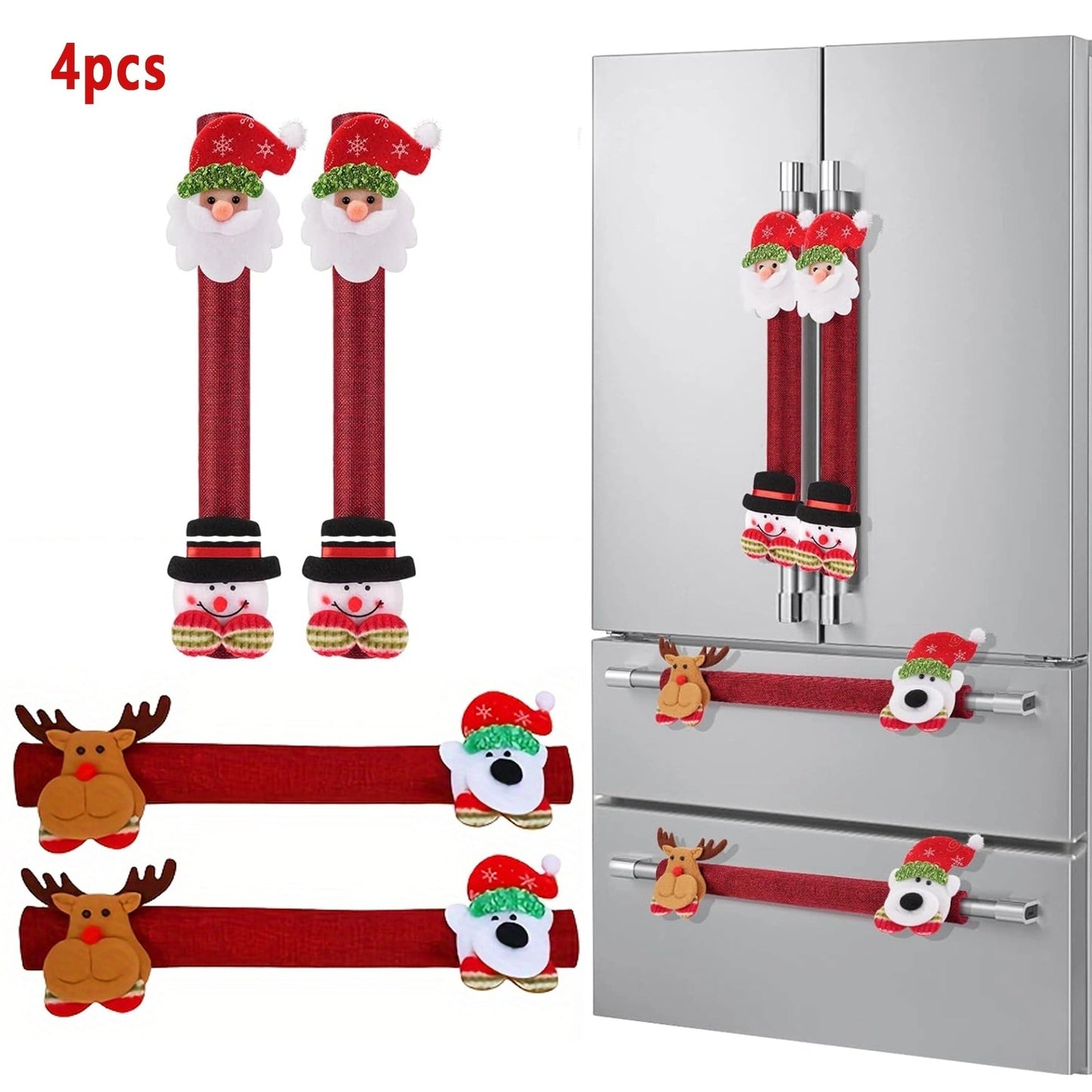 Get ready for the holidays with this set of 4 or 8 Christmas kitchen appliance handle covers featuring Santa and Snowman designs. These protective gloves are perfect for covering refrigerator, microwave, oven, and dishwasher doors. Add a festive touch to