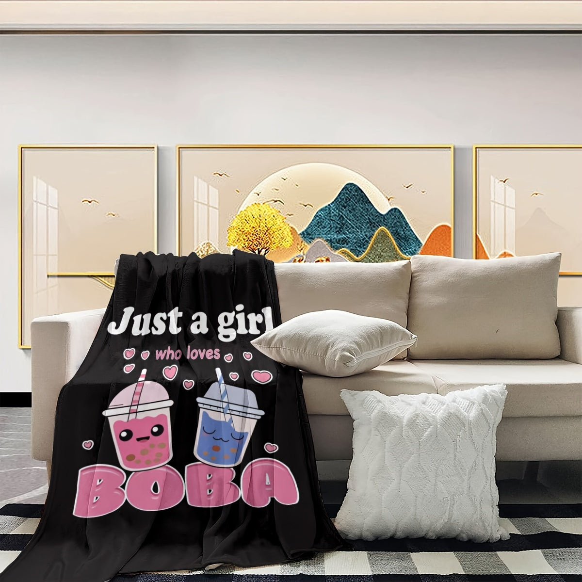 One piece of anime blankets featuring plush boba milk tea fleece, perfect for girls who adore boba. This blanket is filled with comfort, made of super soft and lightweight flannel, suitable for beds and chairs. A cute gift idea!