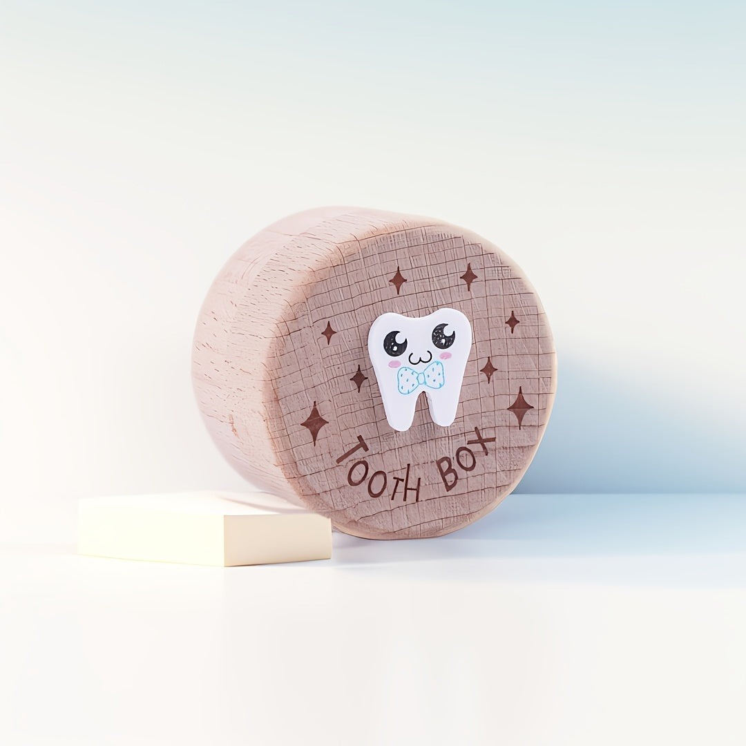 Cute wooden tooth box with secure closure for storing lost teeth, featuring playful dental design and decorative engraving.