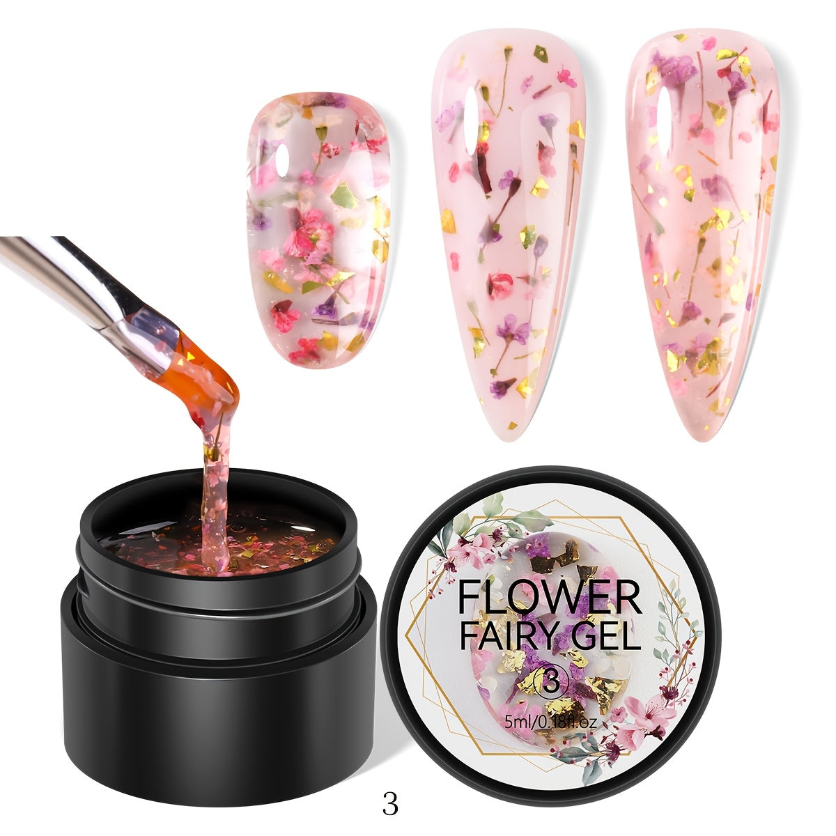 1 bottle of unscented metal compatible soak-off gel nail polish with dried flower design in colors of pink, red, yellow, and blue. Ideal for DIY manicures and nail art.