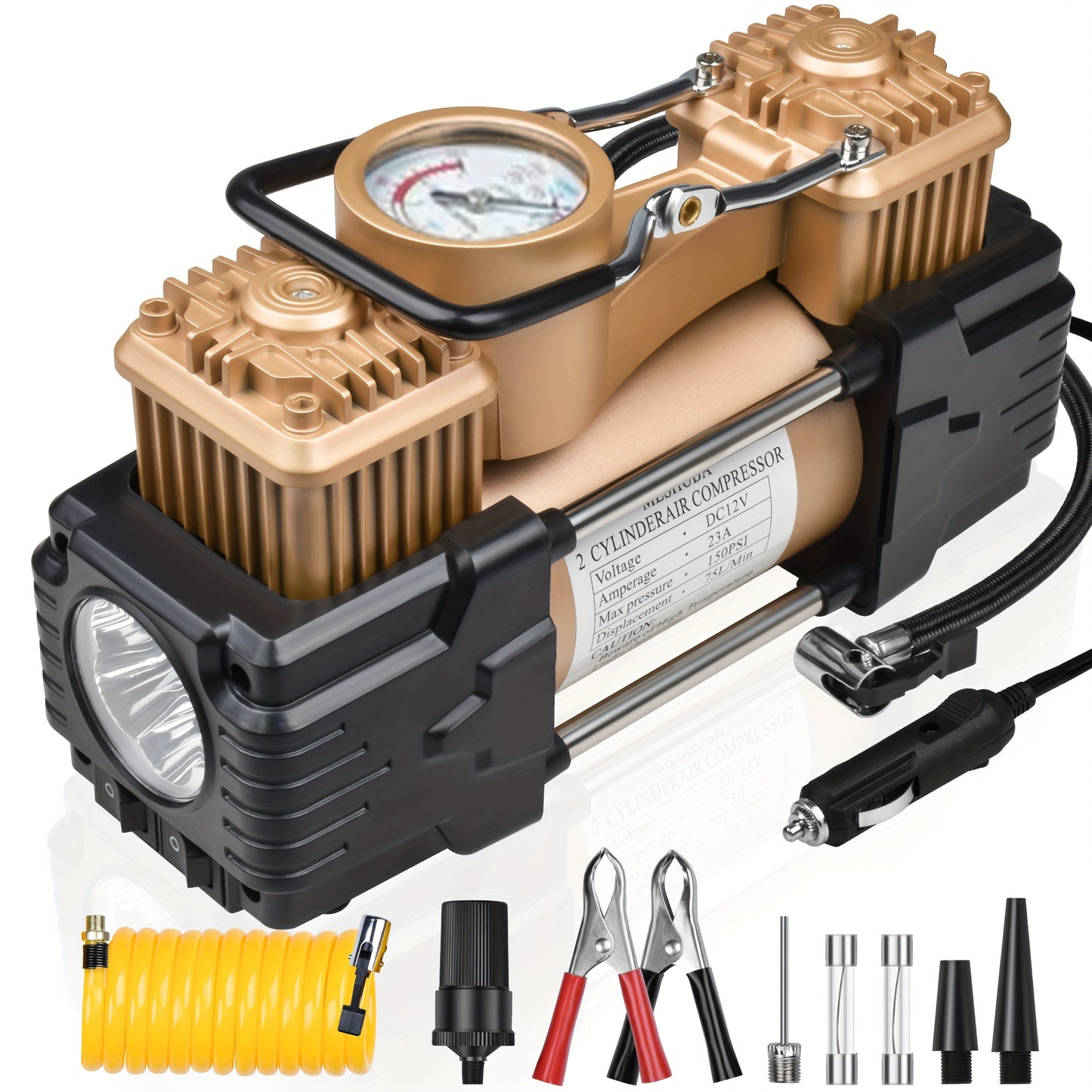 Meshuba Heavy Duty 12V Twin Cylinder Air Compressor with Precise Gauge and Emergency Light - Portable Tire Inflator for Cars, Bikes, SUVs - Includes Hose, Clamps, Needles, Carry Bag.