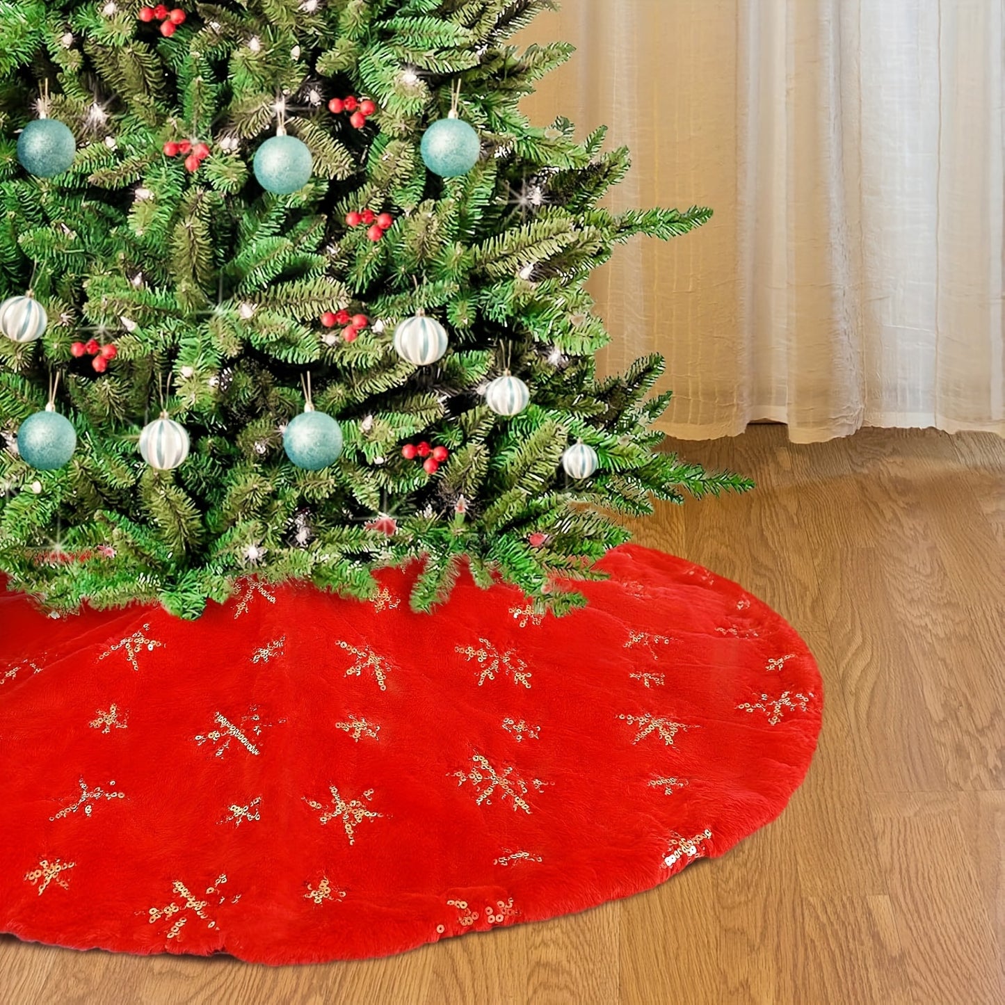 White velvet Christmas tree skirt with golden snowflake embroidery, ideal for Halloween, Christmas, and Valentine's Day. Festive holiday decoration with textured detailing.