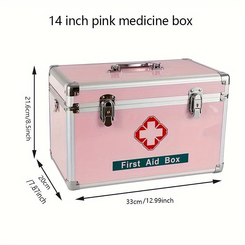 Portable aluminum first aid kit with multiple storage layers for indoor and outdoor use.