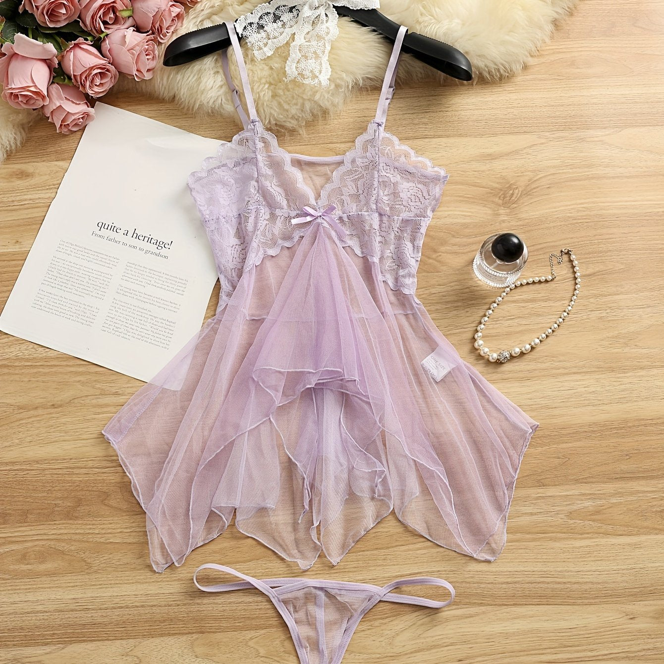 Sheer lace lingerie set with bow cami dress and thong - women's sexy underwear.