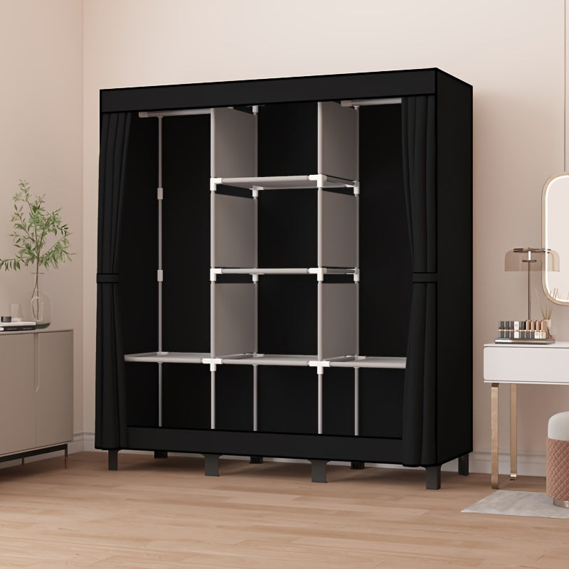 Modern Black Fabric Wardrobe by OUMYJIA, Durable Steel Frame, Multi-Layer Storage System for Rental Properties, Dorms, and Homes. Includes 12-16mm Metal Pipes for added stability. Easily Portable Closet Solution.