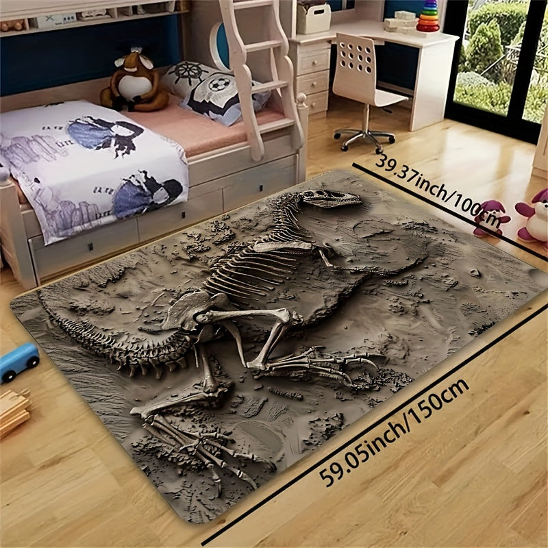 Soft and thick area rug designed with dinosaur fossils, measuring 8mm in thickness. This rug is machine washable and suitable for use in the bathroom, kitchen, living room, or bedroom. It serves as a versatile indoor decor mat, perfect for adding a touch