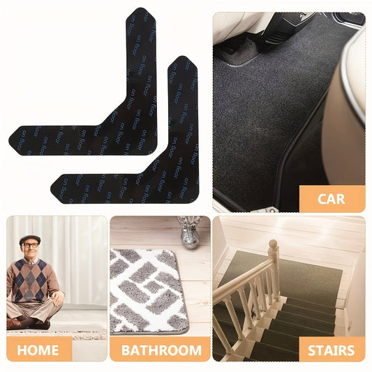 Double-sided adhesive carpet grip tape set includes 4 pieces, ideal for securing area rugs on hardwood floors and tiles. Washable and non-slip, these reusable polycarbonate corner clamps are designed for indoor use.