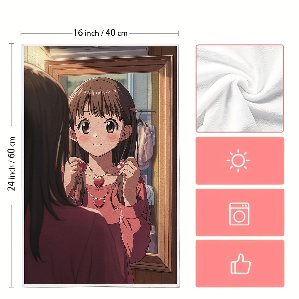 Set of 2 Kitchen Towels - Featuring a Young Anime Girl Trying on Heart Shaped Necklace with Joy, Ultra Soft and Highly Absorbent Dish Hand Towels for Holiday Decor, Machine Washable, 16x24 Inch - Item Code: 2KYSYS1215082