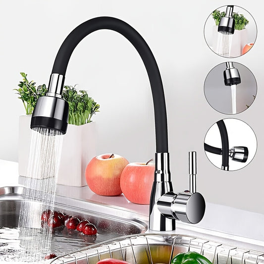 Classic style zinc alloy kitchen faucet with 360° rotating single handle, polished chrome finish. Deck mounted with installation hardware included, ceramic valve. No electricity or battery