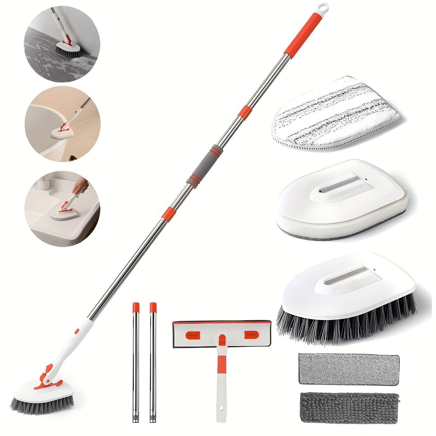 The Ultimate Cleaning Essentials Kit includes 10 pieces: 5 Extendable Rods, a Sturdy Hard Bristle Brush, a Microfiber Cloth, a Base Plate, 2 Scouring Pads, and a Water Squeegee. Perfect for efficient cleaning in the bathroom, kitchen, and on floors.