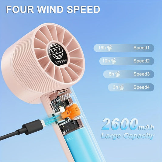 The HOTU Portable Handheld Fan is a compact and powerful mini personal fan with 4 different wind speeds. It features a USB rechargeable 2600mAh battery for convenient power on the go. The fan is made of polished plastic and has a wearable design, making