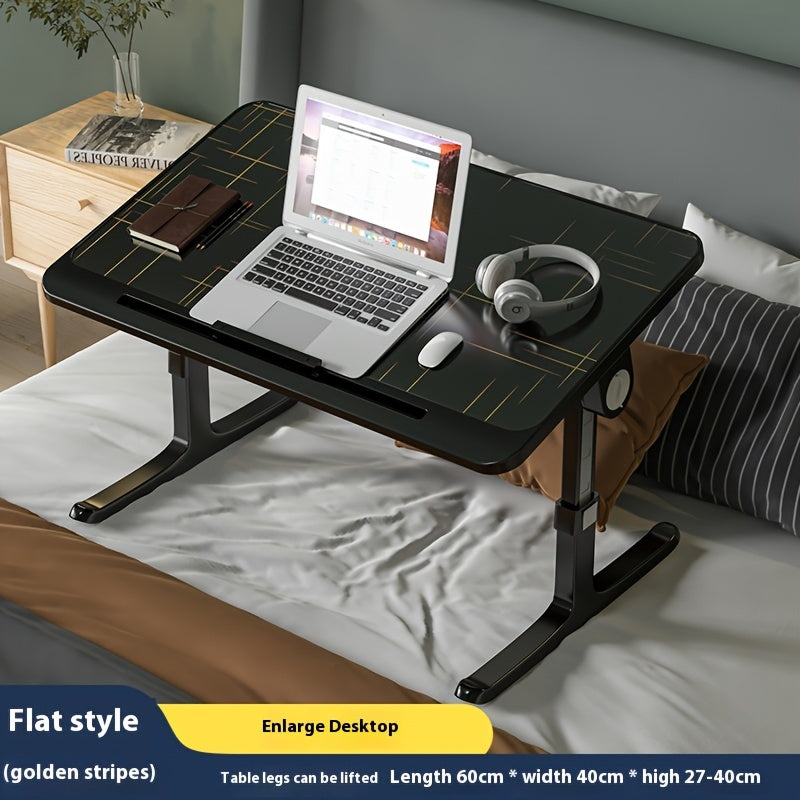 Adjustable overbed laptop desk with foldable legs and storage drawer for home and office use.