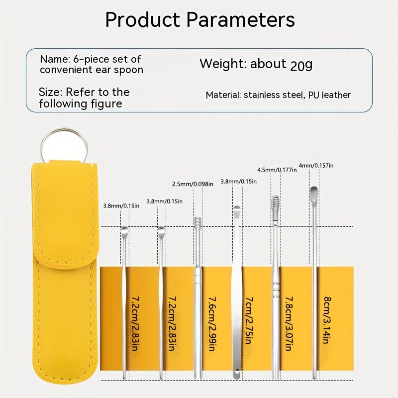 6-штучный набор ложек для чистки ушей из нержавеющей стали для взрослых с спиральным дизайном.