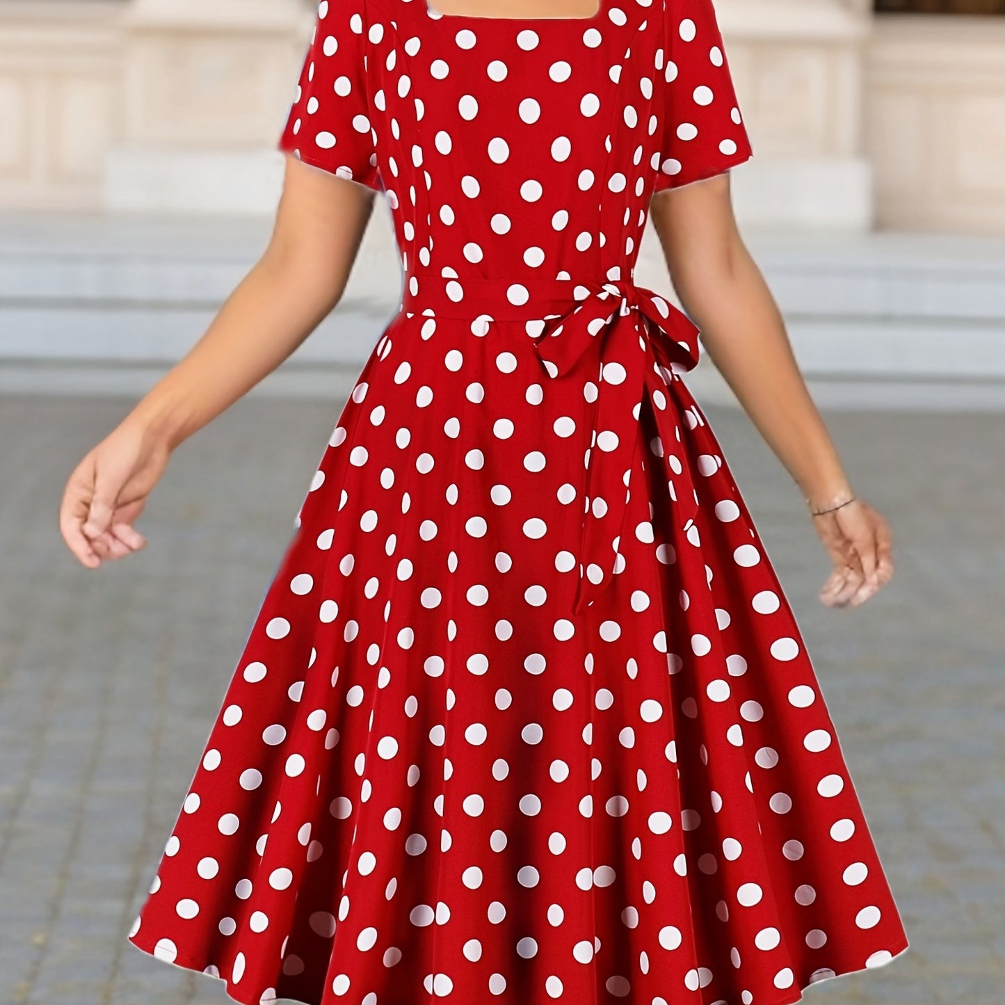 Polka dot print square neck dress with short sleeves and belt, perfect for spring and summer.