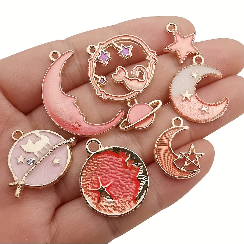 DIY Set of 24 Pink Assorted Gold Plated Enamel Cat Moon Star Celestial Pendants for Handmaking Earrings, Necklaces, Bracelets, and Jewelry