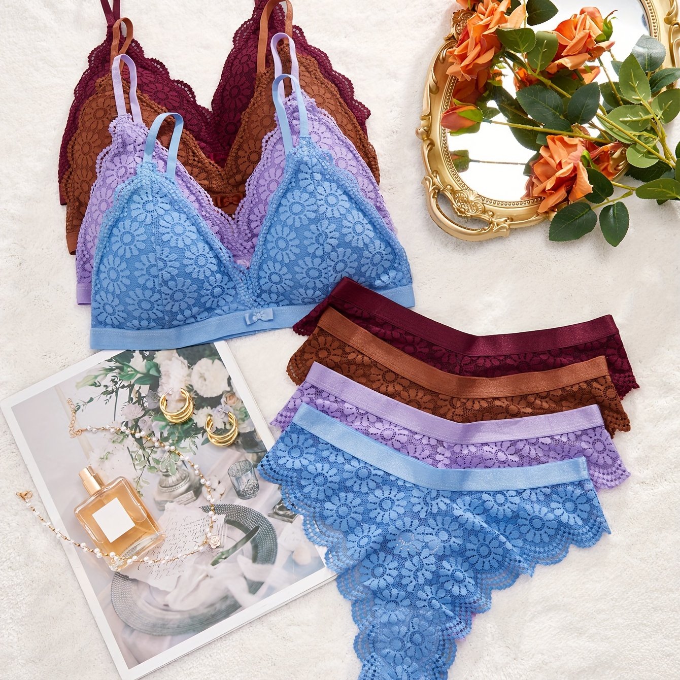 4-Piece Floral Lace Lingerie Set with Triangle Cups and Scallop Trim Panties