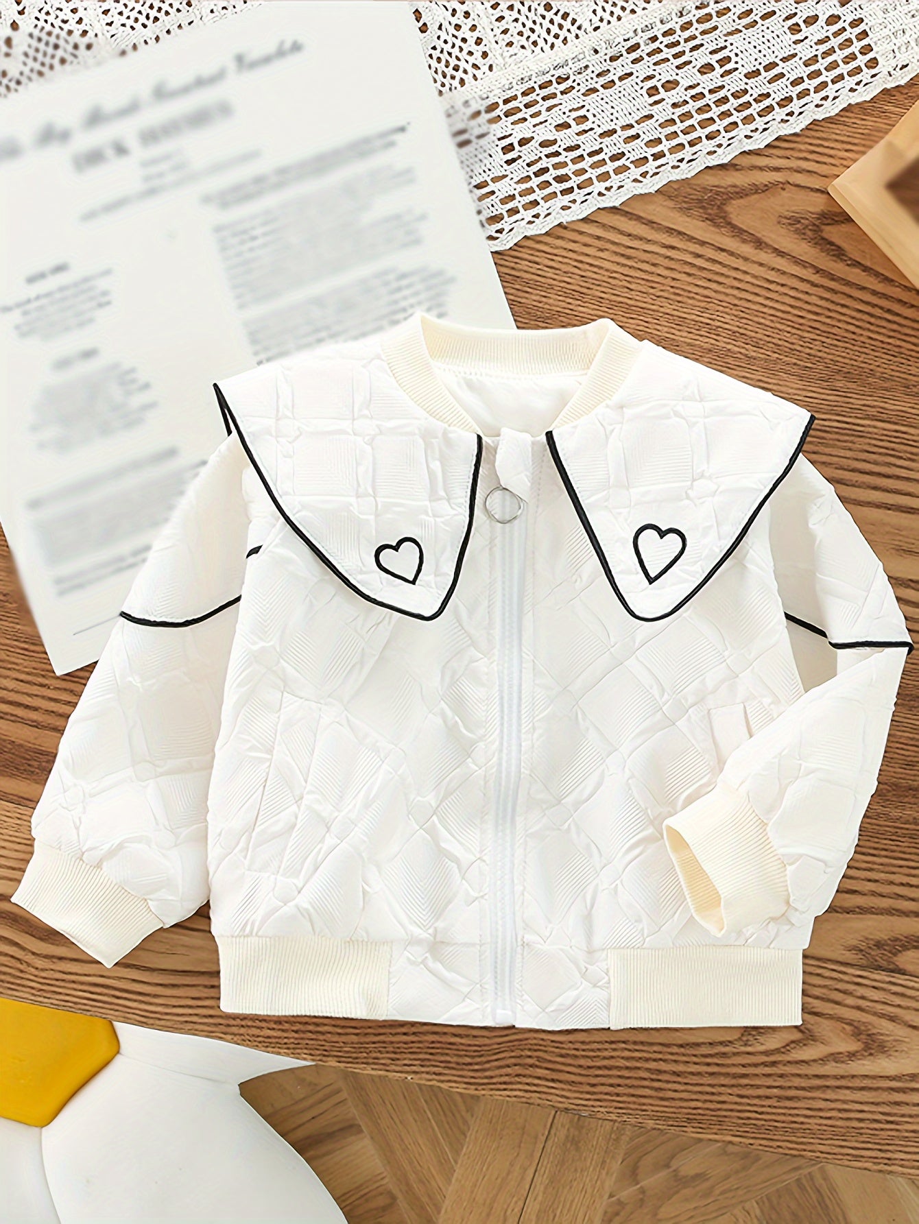 White polyester jacket with heart collar - perfect for spring/fall, casual zip-up outerwear for girls, machine washable.