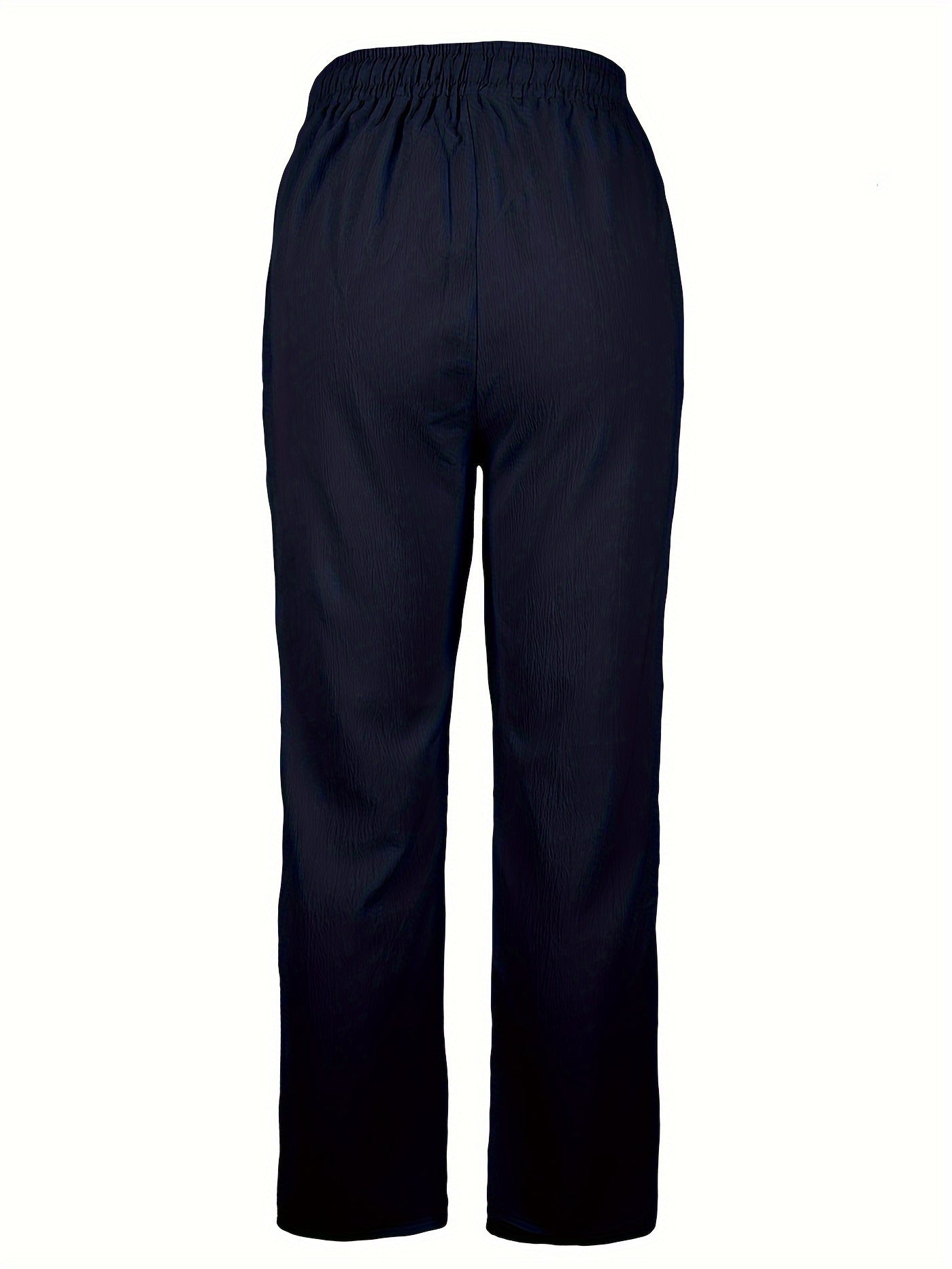 Women's polyester pants with elastic waist and drawstring, straight leg, solid color, woven style, all season.