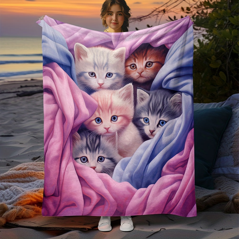 Get cozy with this adorable blue and pink kitten blanket! Perfect for any sofa, office couch, bed, or even travel and camping. This lightweight flannel blanket features digital printing and is super soft and warm. It also makes a great gift for family