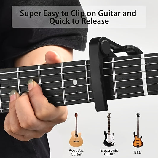 Buzz-Free Guitar Tuner Clip with Quick Release, 6 Colorful Picks & Capo – Durable Aluminum Alloy, LCD Display for Acoustic Guitar, Bass, Violin, and Ukulele