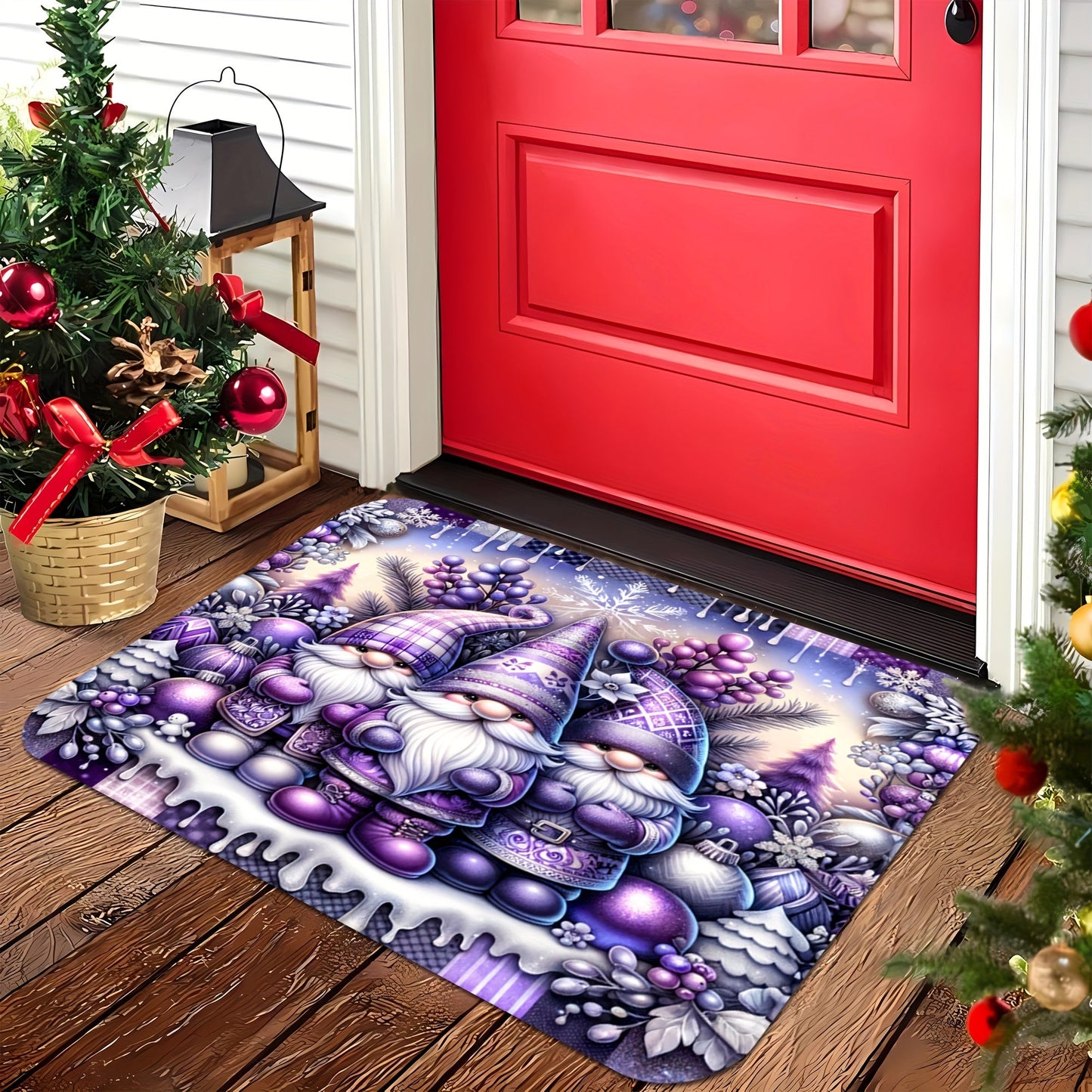 Christmas Gnome and Bell Tree Design Purple Welcome Mat - Non-Slip, Easy to Clean, Stain-Resistant, Machine Washable - Thick Flannel Anti-Slip Memory Foam Doormat (1pc, 1.19cm) - Perfect for Bathroom, Living Room, Bedroom, Kitchen, Office - Festive