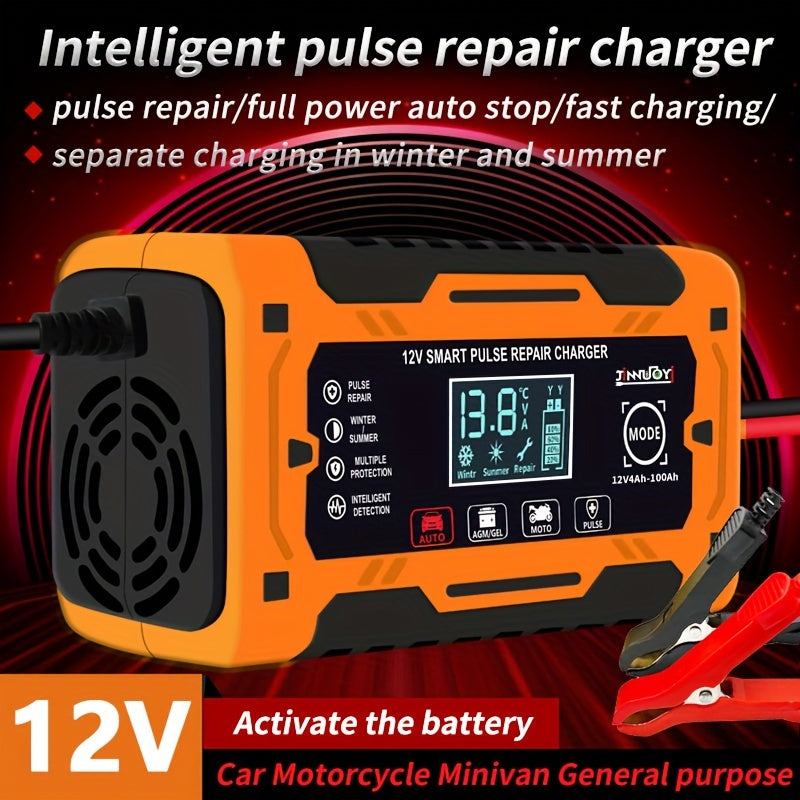 12V 6A automatic battery charger with repair function, LCD display, fast charging, suitable for electric devices and car batteries. EU plug included.