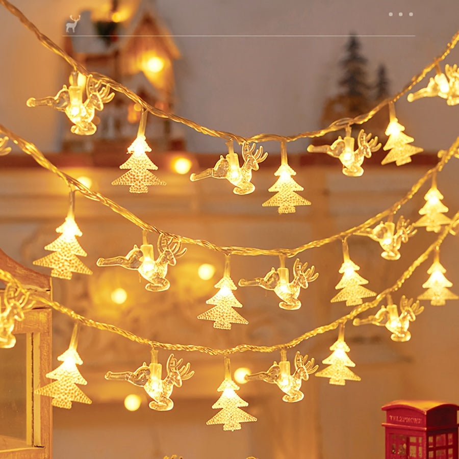 1pc Christmas Tree Decoration String Lights with snowflake and elk design. Battery powered, suitable for indoor Christmas party decoration.