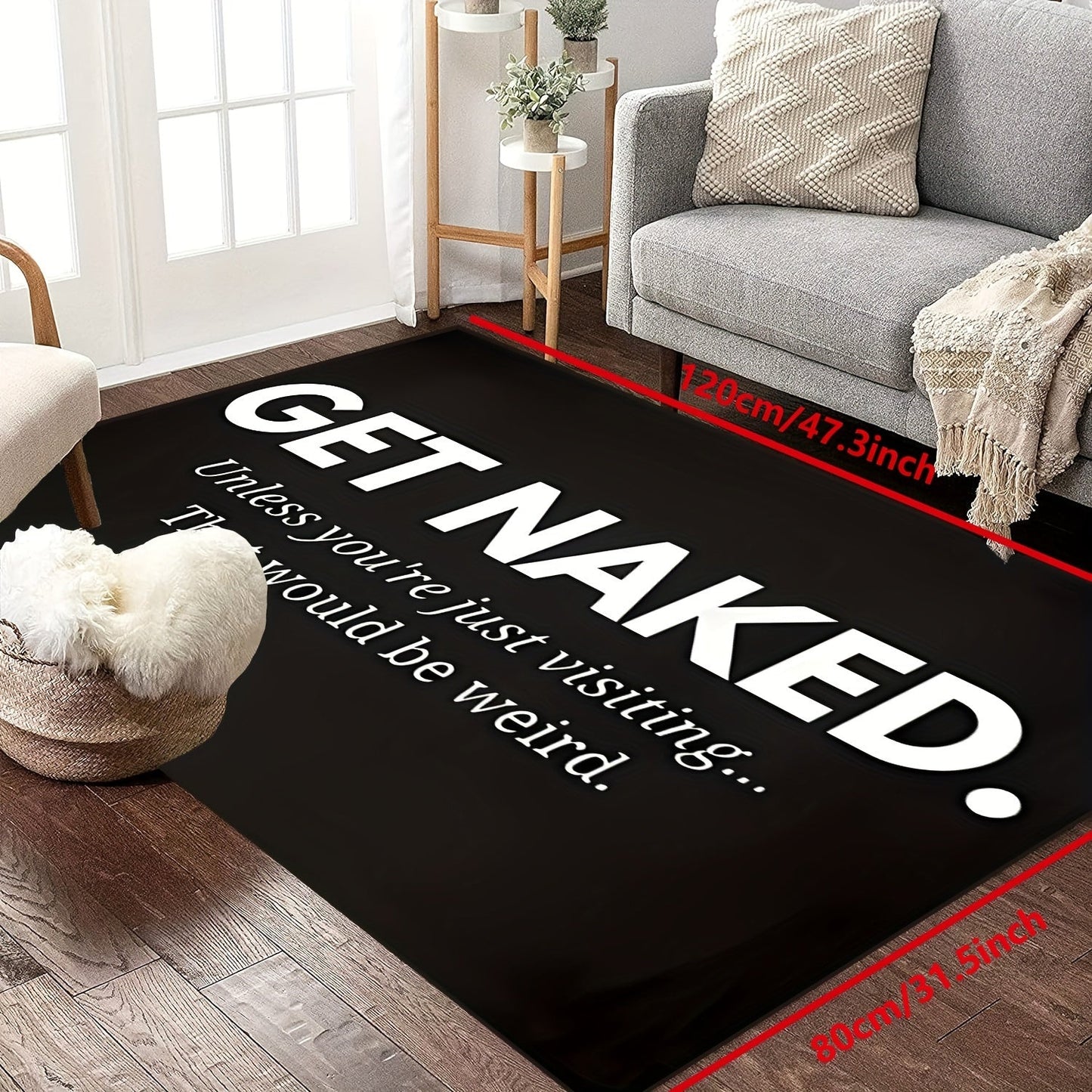 Bold white lettering doormat with the message "Unwind and Relax." This non-slip, machine washable polyester rug is suitable for indoor and outdoor use, making it perfect for entryways, bedrooms, and living room decor. Surprise your loved ones with this