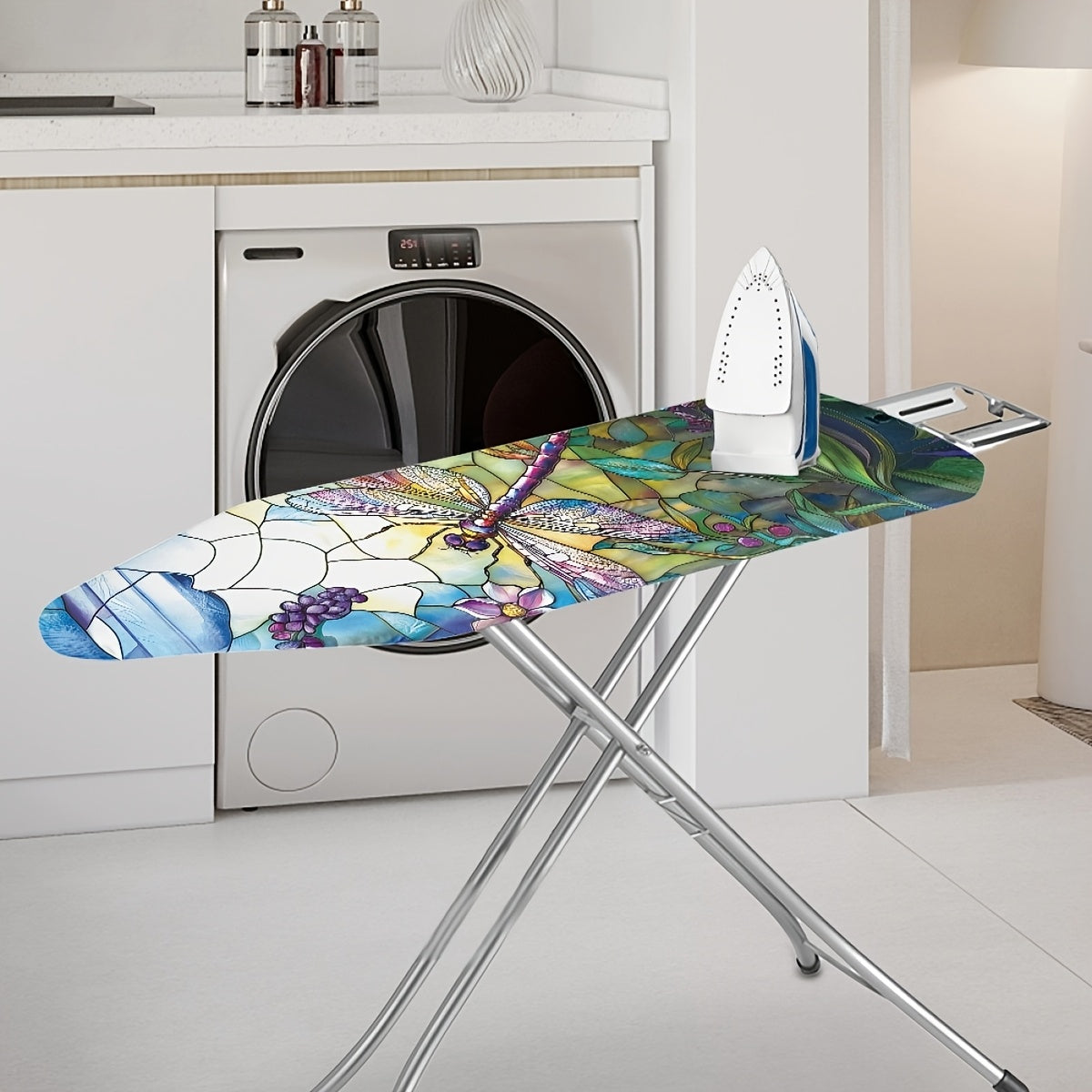 Get your vintage art dragonfly sunflower pattern ironing board dust cover with an elastic drawstring today! This cover is easy to install, heat-resistant, and includes 3 fasteners for added security after ironing.