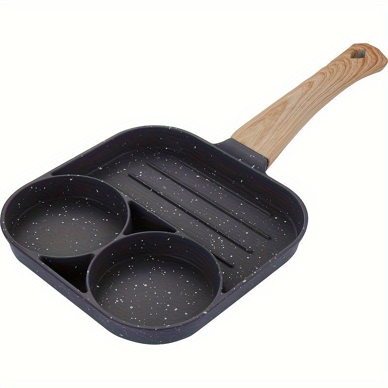 Non-stick frying pan with wooden handle, ideal for making eggs and burgers on induction cookers and gas stoves. Great for a variety of dishes!