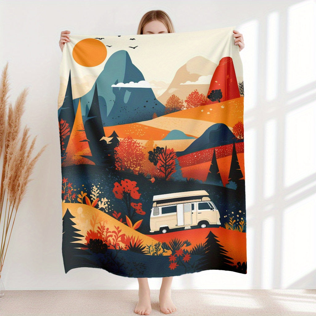 Flannel Throw Blanket - Autumn Mountain and Camper Van Design. Suitable for All Seasons, Resistant to Tears. Features Soft and Warm Knitted Polyester Material with Contemporary Style. Ideal for Home, Office, Camping, and Travel. Digital Printed Design.