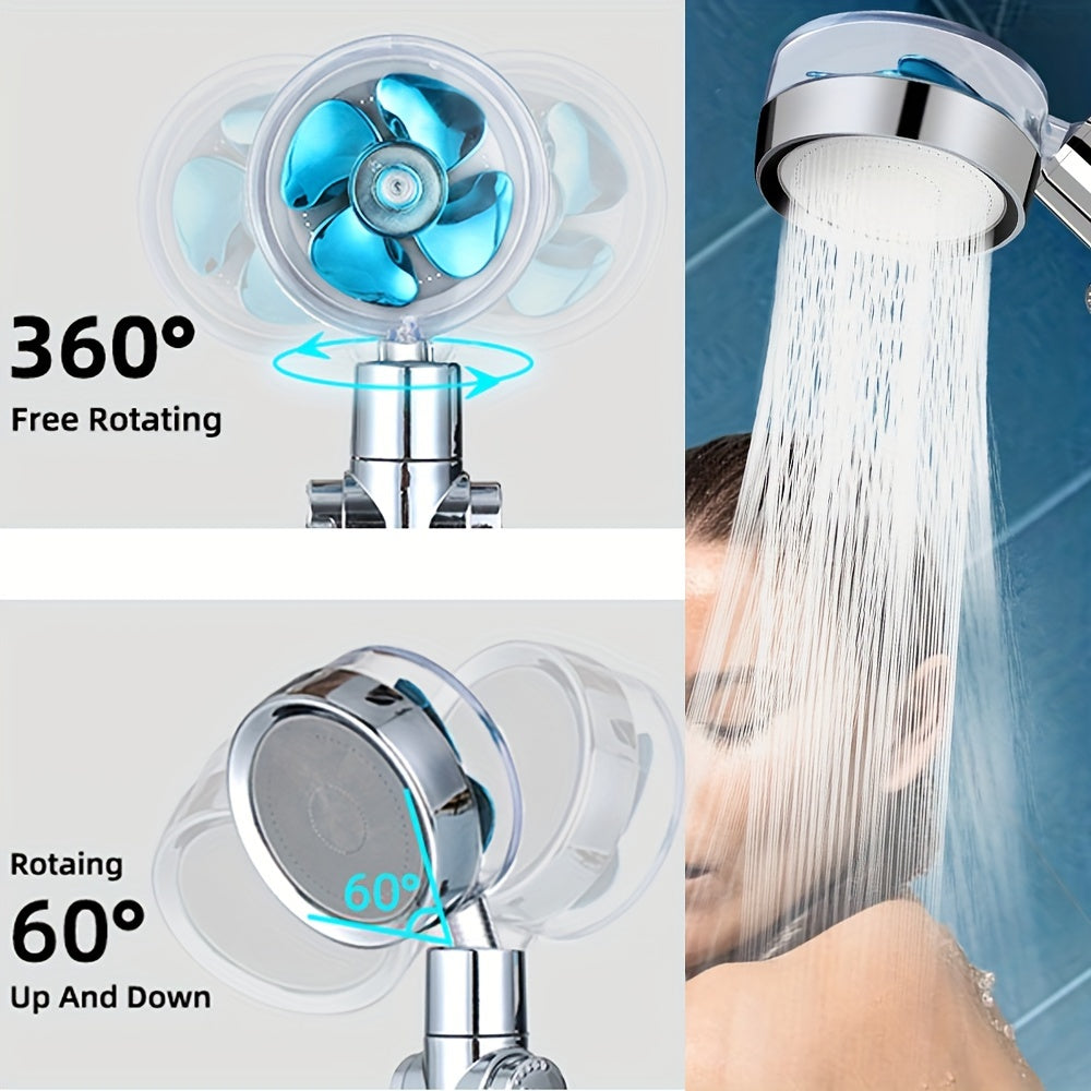 Turbocharged handheld shower head with high pressure and 5 filters for bathroom use.