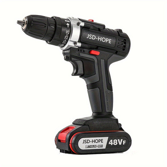 Cordless Impact Drill / Driver Kit with High Power 48VF Lithium Battery, Charger, and US Plug.