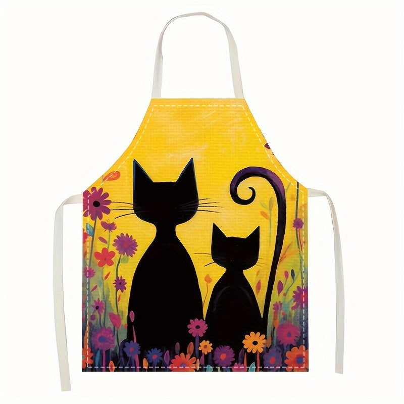 1 Linen apron with retro cat painting pattern, versatile for home kitchen work, cooking, cleaning, and restaurant use.