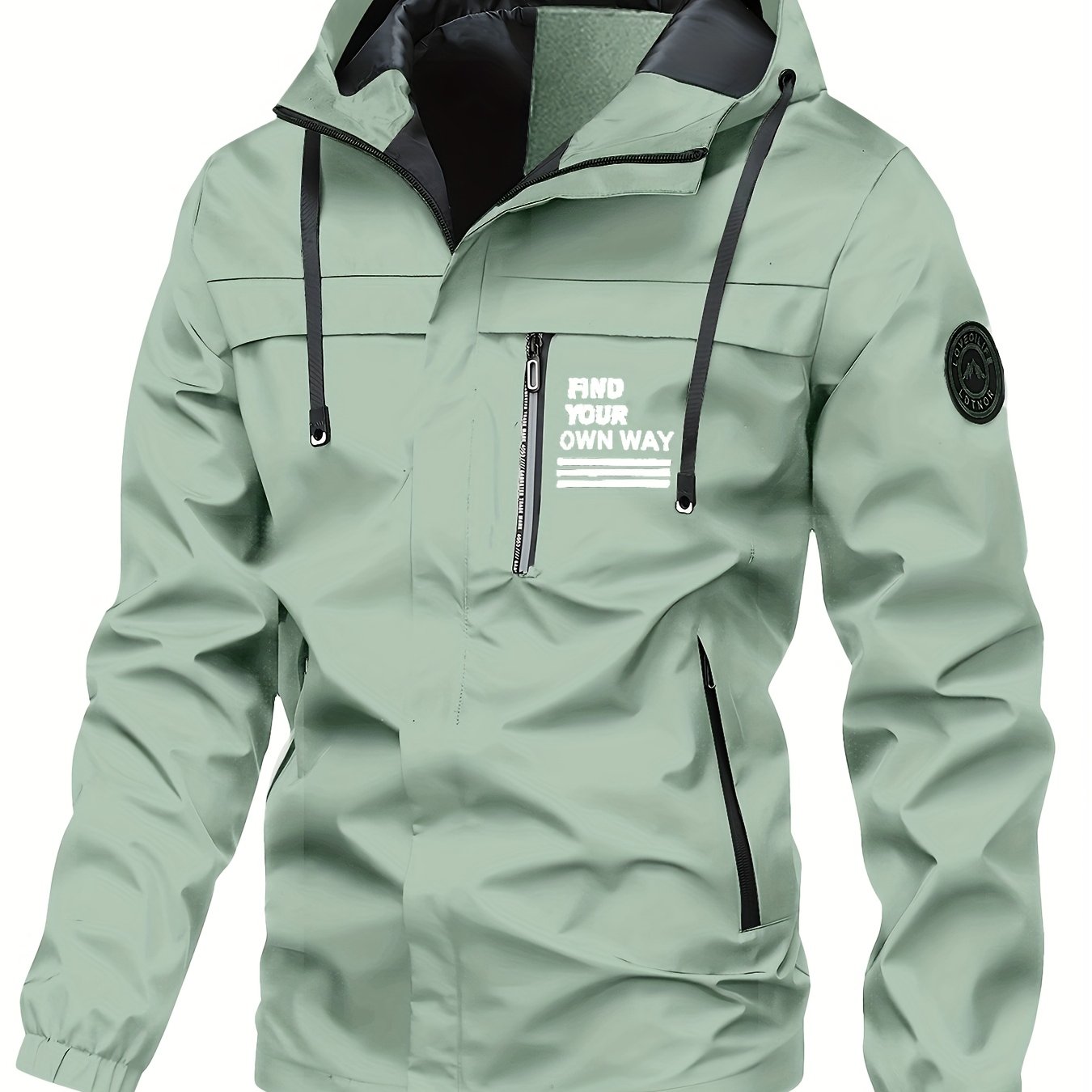 Men's Hooded Jacket with Stylish Letter Pattern, Zip-Up design, Pockets, and Machine Washable.