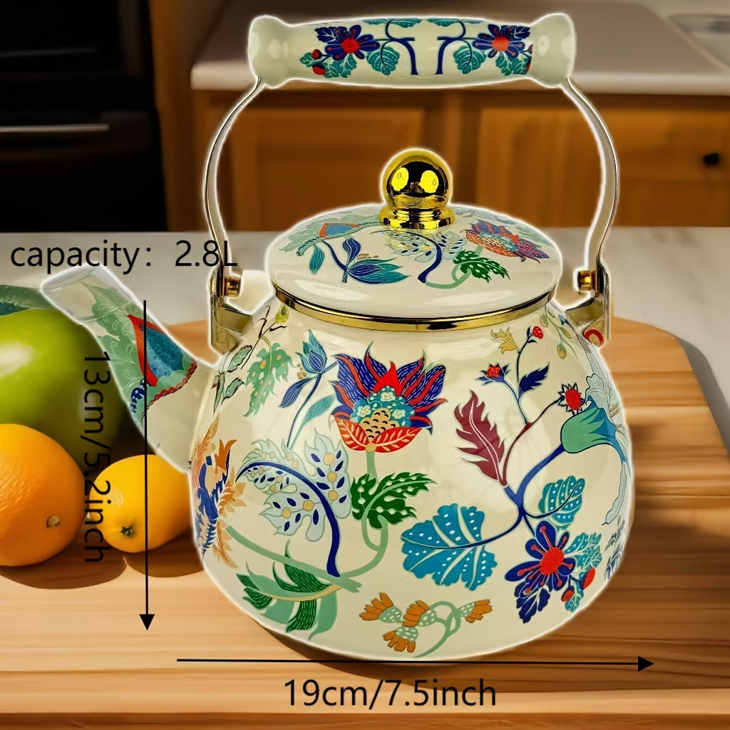 This enamel kettle has a retro and fresh style, making it perfect for brewing tea, fruit tea, coffee, or milk. It is suitable for use on any stove and promotes good health.