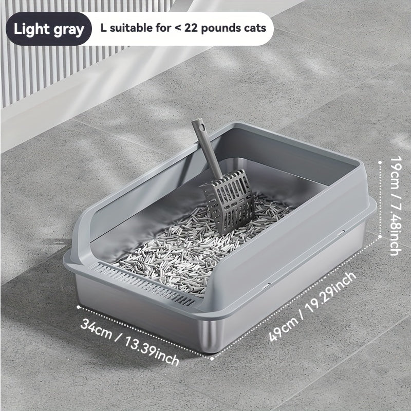 Large stainless steel litter box with splash guard cover for easy cleaning.