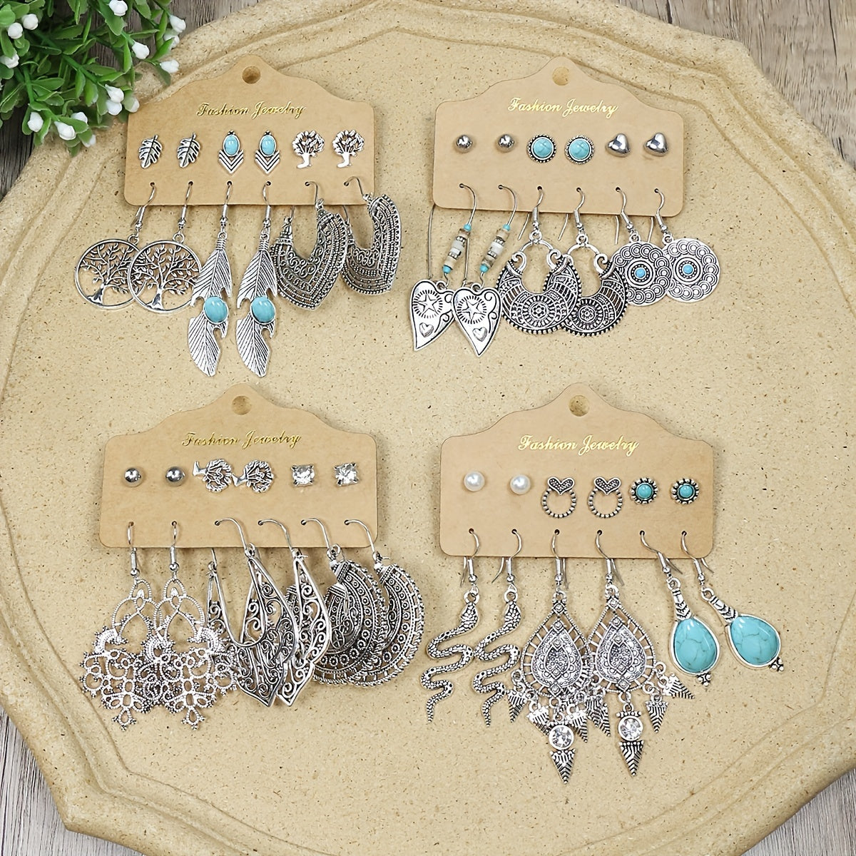 Set of 24 Vintage Style Earrings for Women, Bohemian Dangle and Simple Stud Earrings for Everyday Wear and Summer Holidays