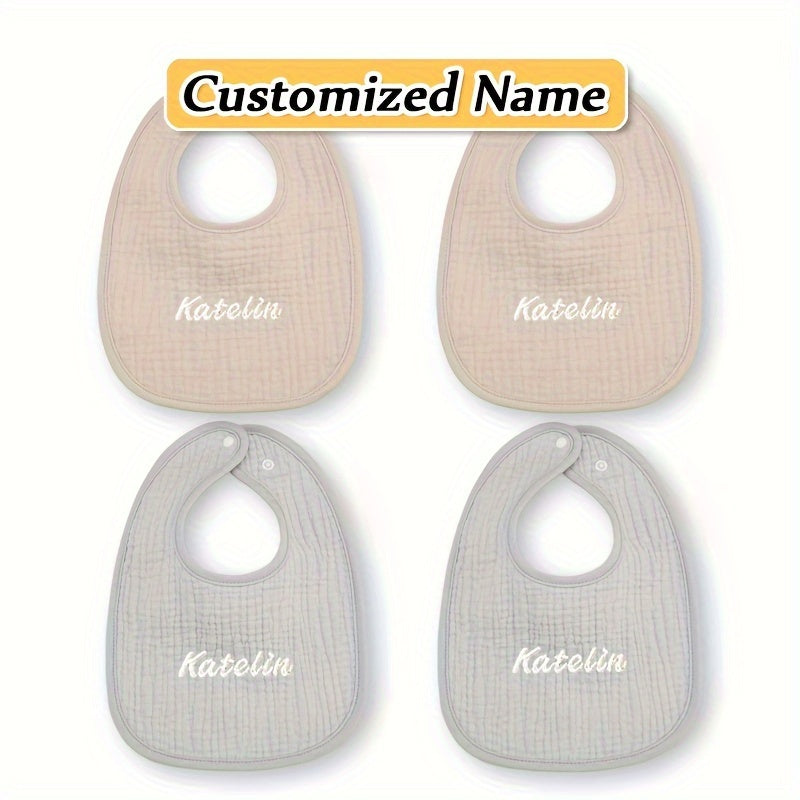 Set of four custom bibs with personalized names - made of soft, breathable, and highly absorbent material with adjustable snap closure. Perfect for newborns and makes a great gift for Christmas, New Year, or Halloween.