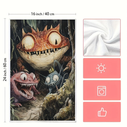 Two pieces of incredibly plush kitchen towels featuring designs of Cryptid Creatures from around the world. These highly absorbent and machine washable dish towels measure 40.64x60.96 cm, making them perfect for holiday decor in the kitchen. These