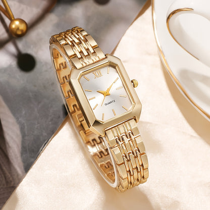 Chic women's quartz watch with elegant design, analog display, golden-tone rectangle case, stylish multi-color dial, shockproof alloy construction for daily wear and business casual.