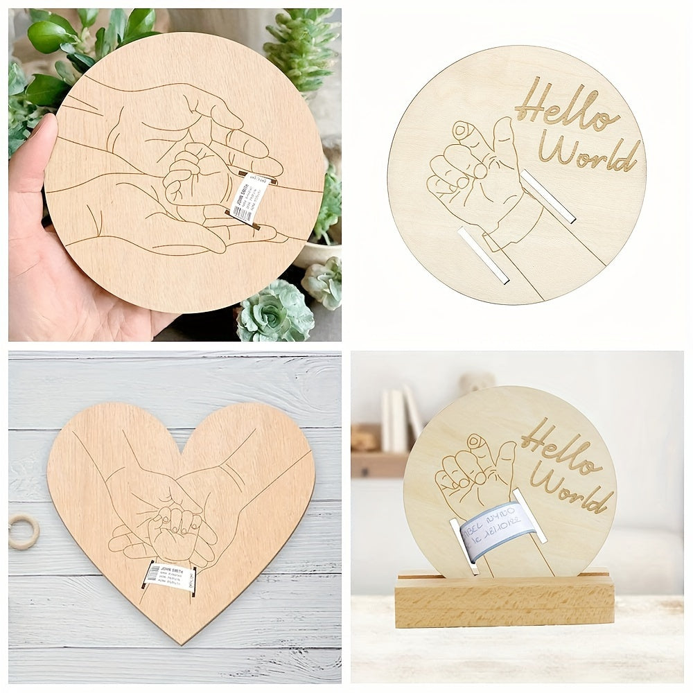 Wooden birth bracelet keepsake with round and heart-shaped engraved memorial plaque - a perfect Mother's Day gift and family keepsake. Great holiday decoration or shower gift.