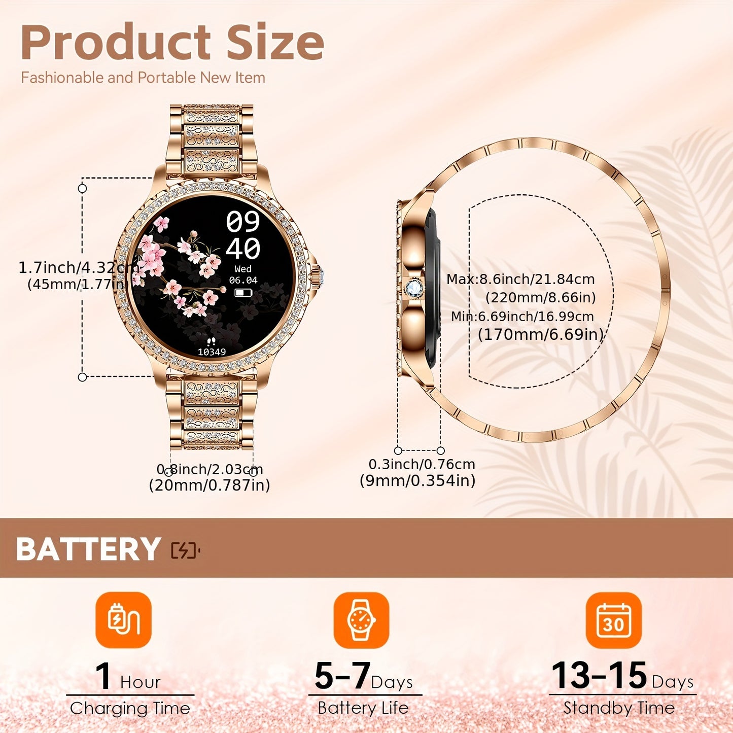 JELLOO Fashion Ladies Smart Watch for Women with 1.32-inch HD Full Touch Screen, Wireless Calls, Silicone Strap, Rechargeable Battery, Water Resistant, TFT Screen.