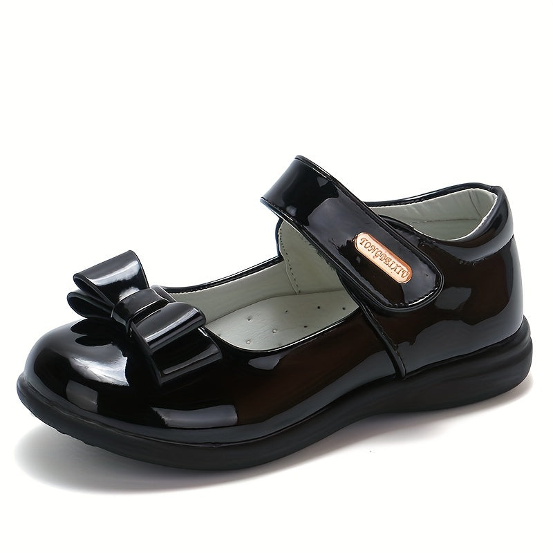 Women's Retro Preppy Style Flats with Hook-and-loop Fastener Closure, Glossy Black Mary Jane Shoes for Weddings, Parties, and School Events.