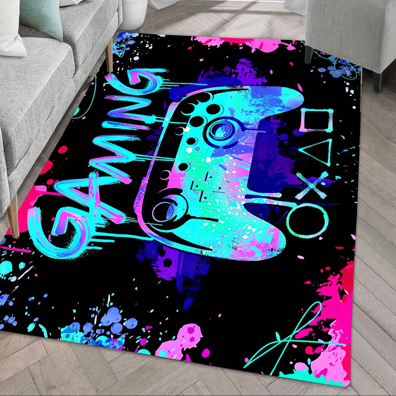 1 piece, 3D Gaming Area Rug made of soft flannel material perfect for your living room, bedroom, or carpet. This machine-washable rug is great for gamers and features a decorative design of a controller.