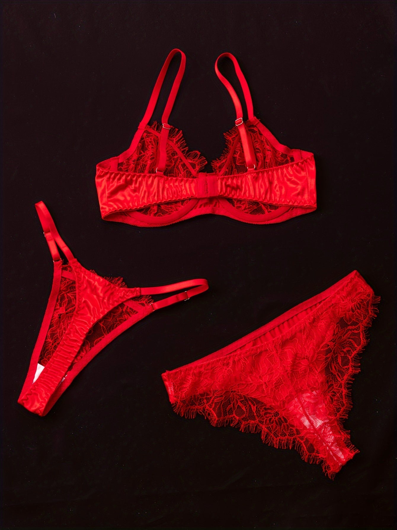 Sexy floral lace lingerie set with unlined cut out bra and two thongs for women.