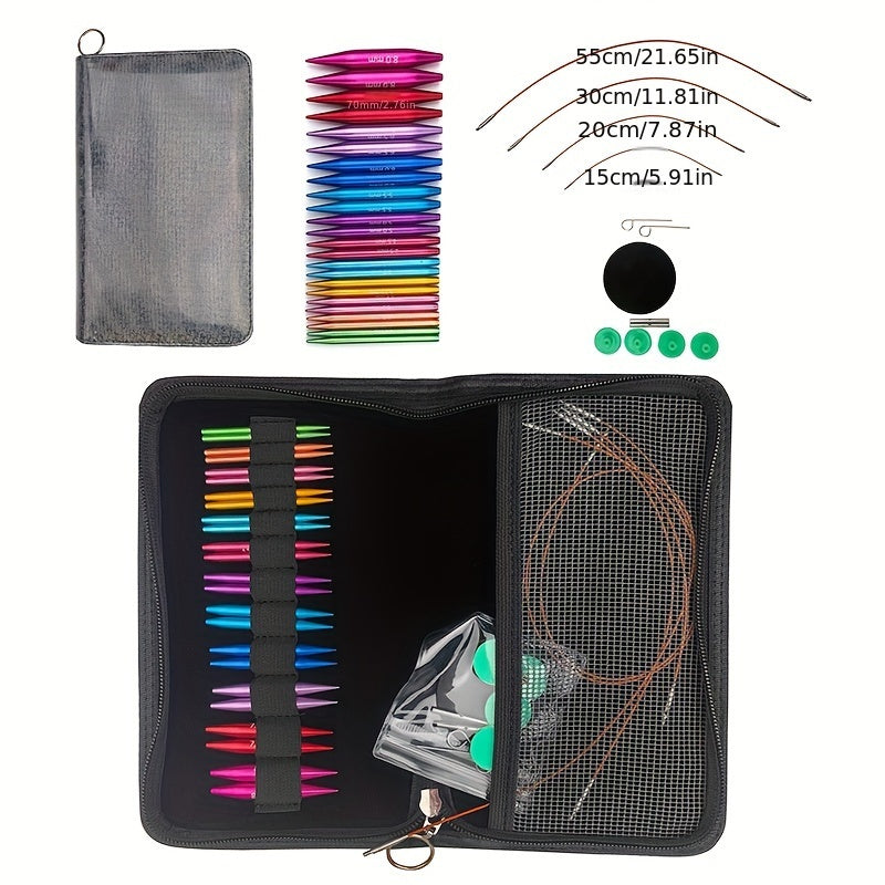 Mini circular needle set with 12 detachable needles ranging from 3.0-8.0mm, in a 5.5cm PU bag.